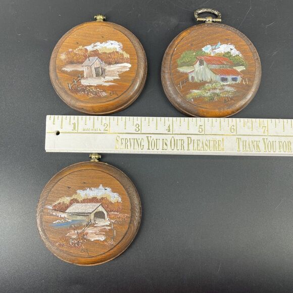 Set of 3 Vintage Hand painted Miniature Barn Landscape Wall Plaques Folk Art - Picture 2 of 11